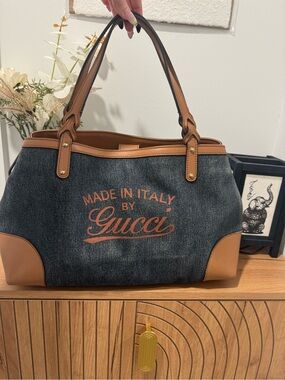 Authentic Gucci Craft Denim Tote Bag - Tan Leather Trim - EUC With Tags